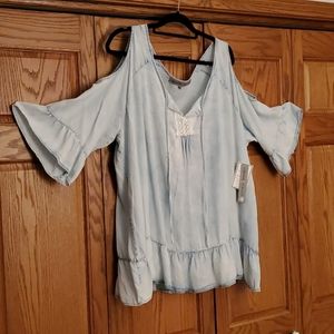 Faded Denim Cold Shoulder Shirt
